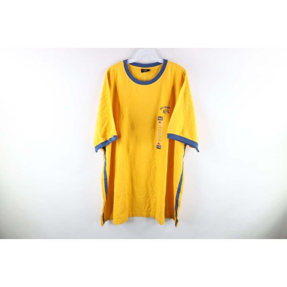 NOS Vintage 90s Ralph Lauren Mens 3XL Big Spell Out Ringer T-Shirt Yellow Cotton